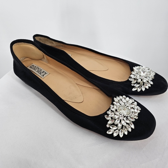 Badgley Mischka Pippa Crystal Flats Size 8 Black Satin - Picture 5 of 6